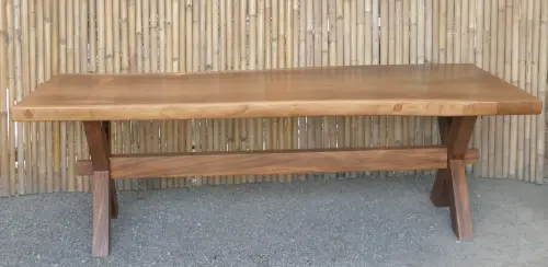 Product image of the product “Natural wood table suar with wooden legs X model, 251,5cm length, 115cm width, 81cm height. Table top 7,5cm thickness ”